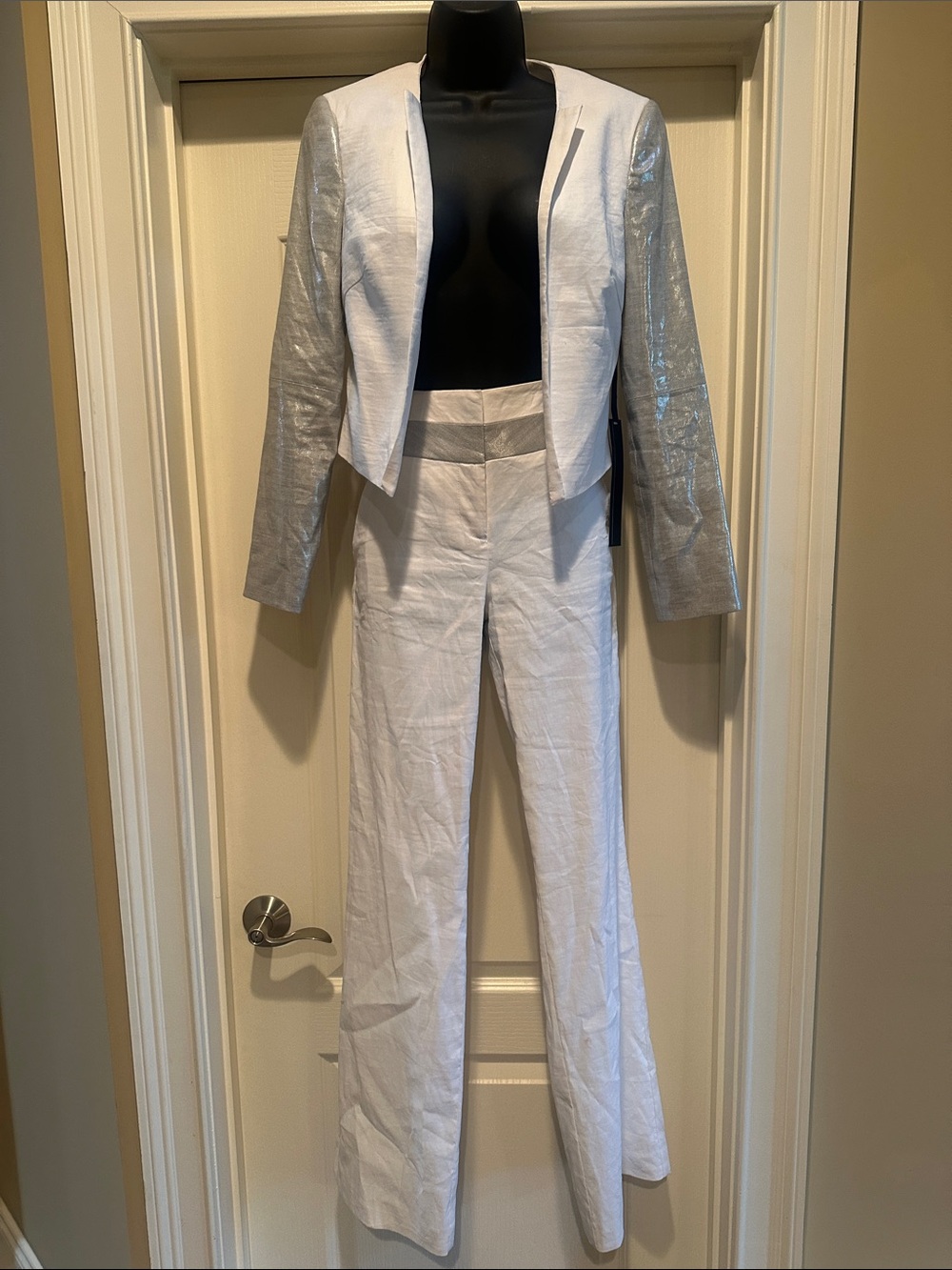 NEW BEBE -2 Pc Off White & Silver Wide-Leg Pants Set